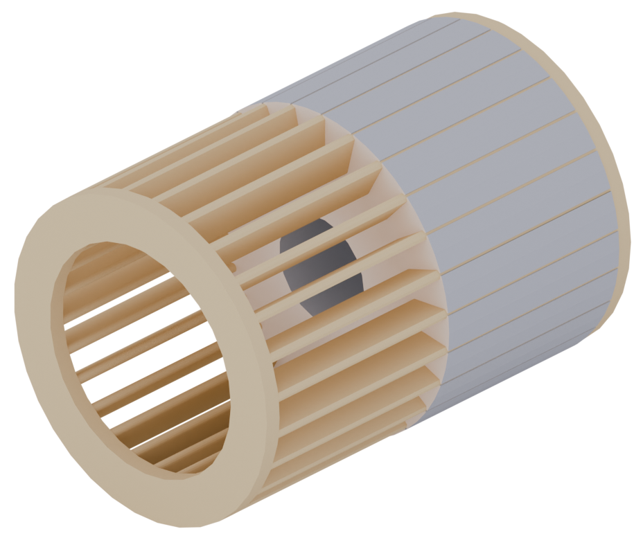 Schematische Darstellung eines Kupferzylinders, dessen ringförmige Vorder- und Rückseite mit
Lamellen verbunden sind. Die Lücken zwischen den Lammellen sind mit Blechpaketen gefüllt.