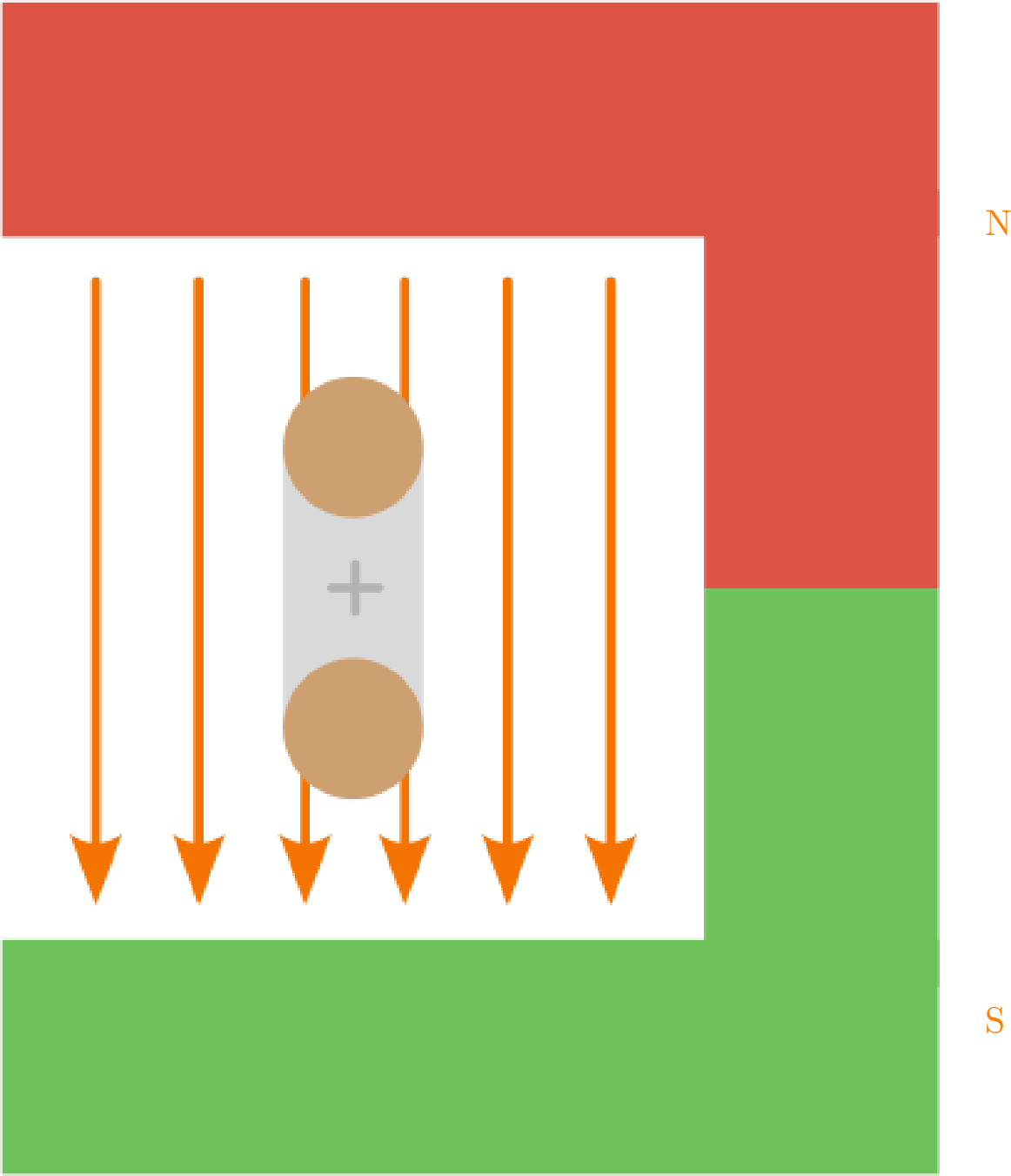 Ein C-förmiger Permanentmagnet
ist zu sehen, dessen
Magnetfeld vom N-Pol zum
S-Pol (von oben nach unten)
verweist. Eine Leiterschleife,
die sich innerhalb des
Magnetfeldes befindet, ist
transparent abgebildet und
wird ignoriert, da sie nicht
stromdurchflossen ist.