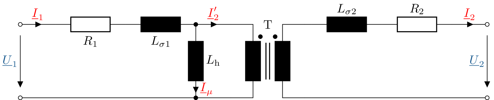 Schaltbild eines realen Transformators. Zwei gegenüberliegende Spulen werden durch gefüllte Rechtecke dargestellt, von denen jweils eine Zu- und Ableitung führt. Zwischen den beiden Spulen symbolisieren zwei parallel verlaufende Linien die Kopplung der beiden Spulen. An den Kontakten des linken Stromkreises befinden sich vor der Primärspule des Transormators (links) in Reihe geschaltet ein Widerstand R1 und eine Spule L Sigma 1. Prallel zur Primärspule befindet sich eine Spule Lh. Auf Seiten der Sekundärspule (rechts) befinden sich nur eine in Reihe geschaltete Spule L Sigma 2 und ein Widerstand R2.