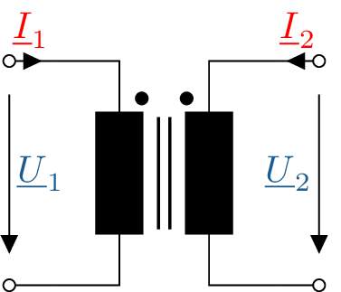 Schaltbild eines Transformators. Zwei gegenüberliegende Spulen werden durch gefüllte Rechtecke
dargestellt, von denen jweils eine Zu- und Ableitung führt. Zwischen den beiden Spulen
symbolisieren zwei parallel verlaufende Linien die Kopplung der beiden Spulen.