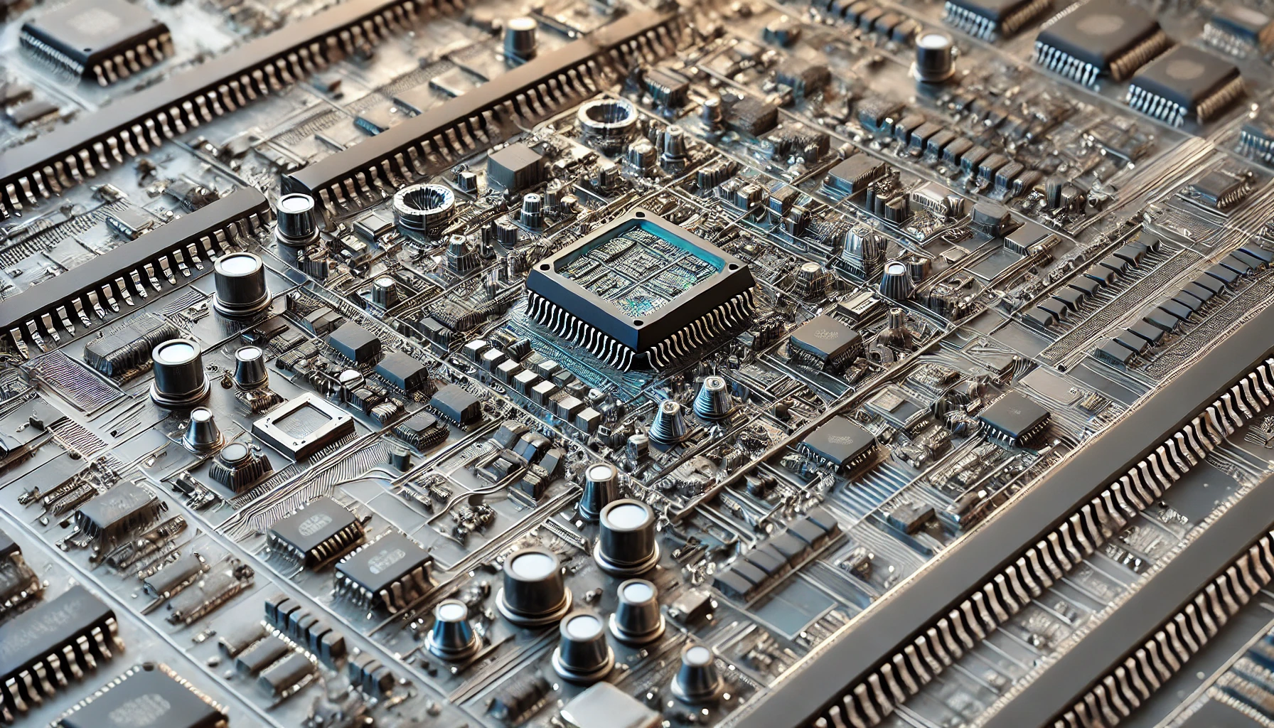 Nahaufnahme einer elektronischen
Leiterplatte mit zahlreichen integrierten
Schaltkreisen, Kondensatoren, Widerständen
und Leiterbahnen.