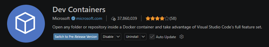 Screenshot Visual Studio Code Dev Containers extension
