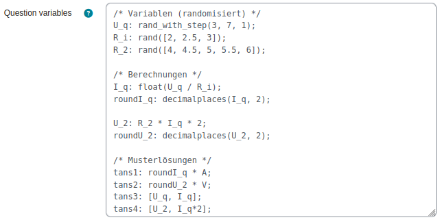 Screenshot: STACK question variables