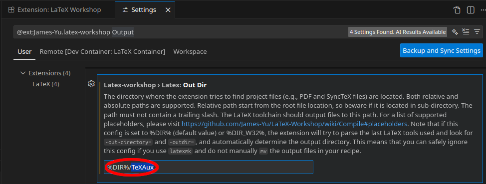 screenshot of VSCode. Search in LaTeX Workshop's options for output, add TeXAux as subdirectory to outdir