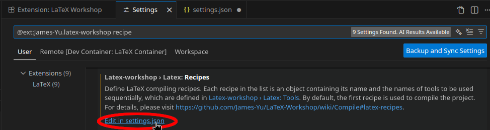 screenshot of VSCode. Search in LaTeX Workshop's options for receipe, found link to settings.json