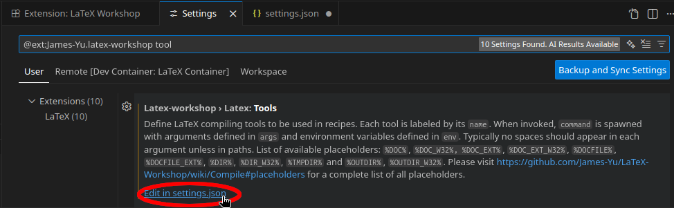 screenshot of VSCode. Search in LaTeX Workshop's options for tool, found link to settings.json