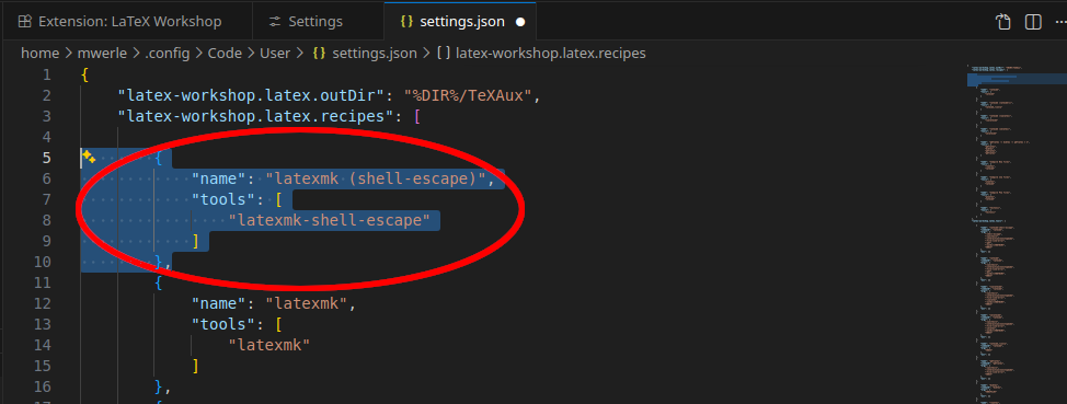 screenshot of VSCode. Sourcecode of settings.json, added recipe entry.