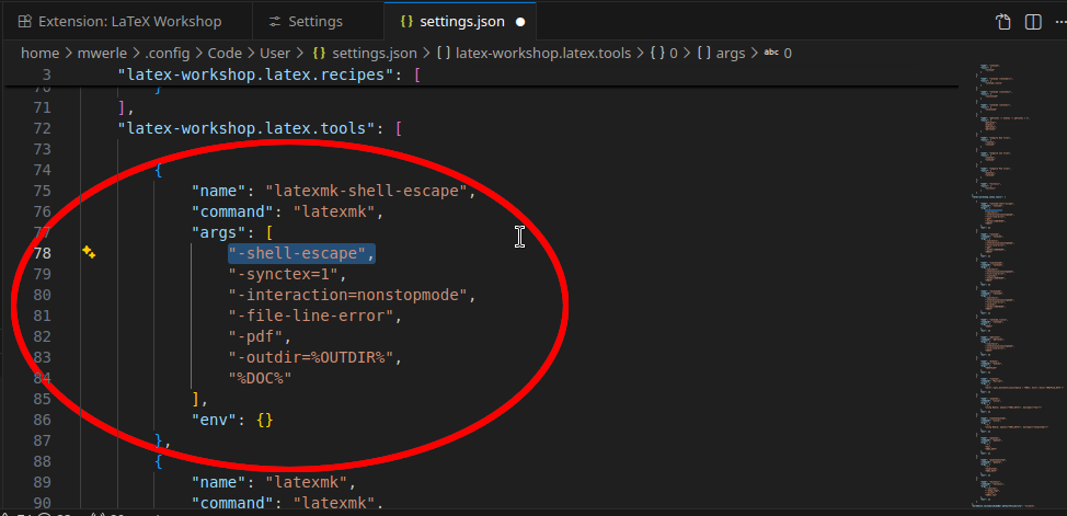 screenshot of VSCode. Sourcecode of settings.json, added tool entry.
